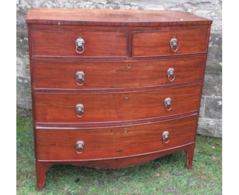 A 19th century bow fronted chest, of two short over three long drawers, raised on bracket feet, width 42ins x depth 21ins x h