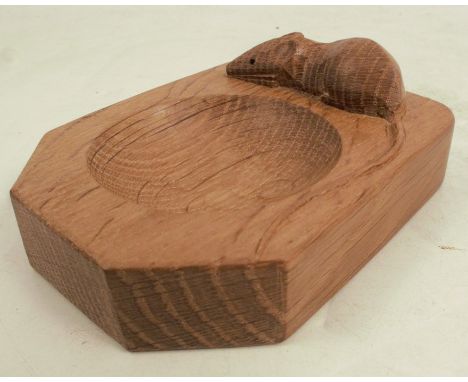 A Robert Mouseman Thompson oak ashtray, carved with a mouse