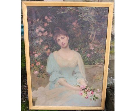 S Anderson, oil on canvas, portrait of a seated lady holding roses with roses behind her, 41ins x 30ins (D)   