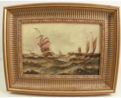 C Nelson, oil on board, seascape with boats on choppy waters, 7.5ins x 11ins