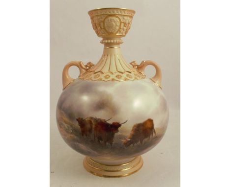 A Royal Worcester vase, the bulbous body hand painted with Highland cattle in landscape by John Stinton, with blush ivory nec