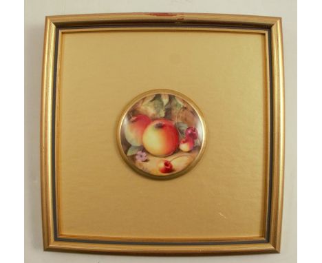 A Royal Worcester circular plaque, painted with fruit to a mossy background by W Bee, dated 1930, diameter 2.75ins, framedCon