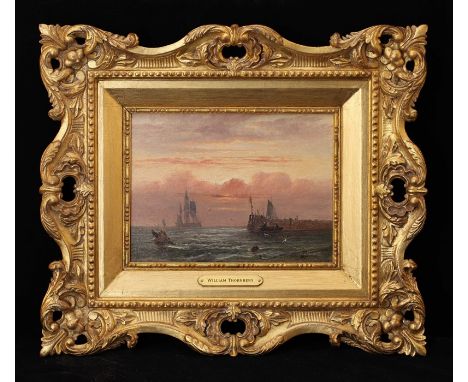 William Thornberry, signed, oil on board,&nbsp;coastal marine scene with fishermen and distant shipping, in a hand carved and
