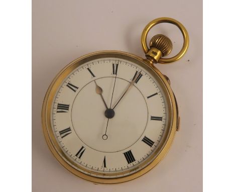 Anonymous, an 18 carat gold open faced pocket watch, with a stop watch action, the unsigned white enamel dial with black Roma