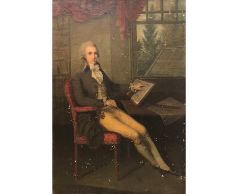 English School circa 1800, unsigned, oil on canvas (relined), portrait of a young gentleman seated at his desk pointing at a 