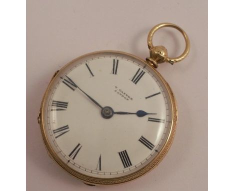 T Ganter, London, an 18 carat gold open faced fob watch, the white enamel dial with black Roman numerals, blued steel hands, 