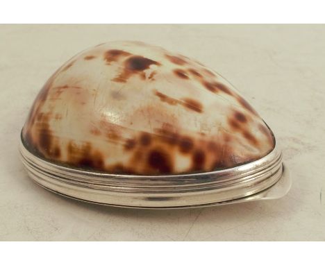 A 19th&nbsp;Scottish provincial silver mounted cowrie shell snuff box, with engraved decoration to the hinged silver mount an