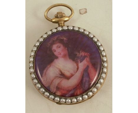 A lady's hunter pocket watch, the dial marked Omega, with enamel decoration to the front and back of the case