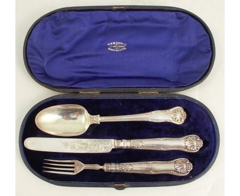 A cased silver three piece christening set, comprising spoon, knife and fork, Sheffield 1843