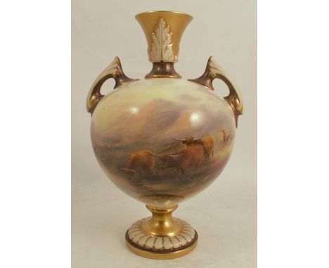 A Royal Worcester twin handle pedestal vase, decorated with Highland cattle in landscape with river and bridge by J Stinton, 