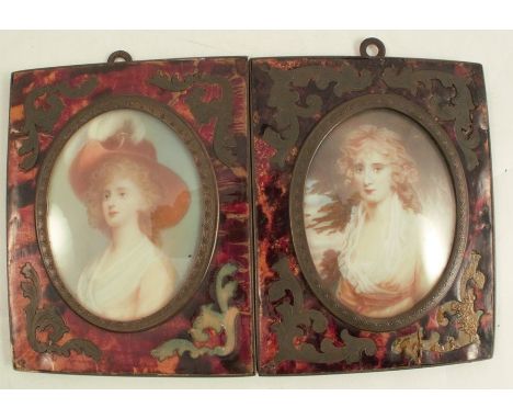 A pair of oval portrait miniatures, Turner style ladies on ivory, the tortoiseshell frames with boulle work decorations, maxi