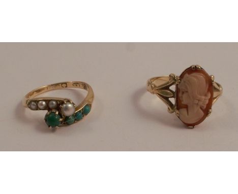 A turquoise and seed pearl crossover ring, together with a cameo ring