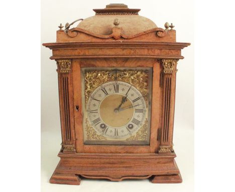 A walnut and mahogany cased mantel clock, the chiming movement stamped Lenzkirch, with gilt dial and silver chapter ring, hav