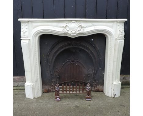 A cast iron fire insert, with a marble resin fire surround, 137cm overall