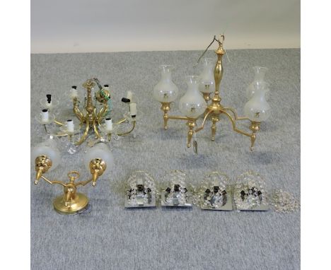 A brass five branch chandelier, with etched glass shades, 60cm diameter, together with another and various wall lights 