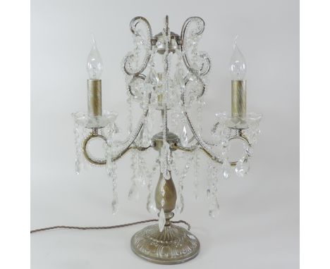 A glass six branch table centrepiece, 55cm tall, together with a white chandelier