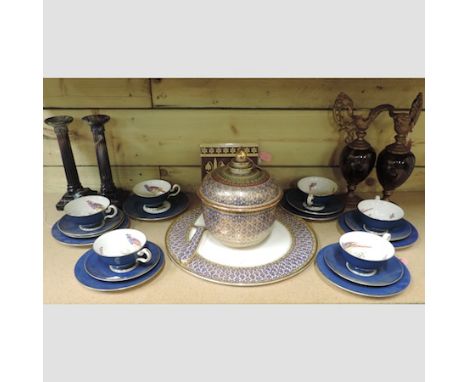A pair of 19th century slag glass candlesticks, 24cm tall, together with a Copeland part tea service, a pair of ewers and var