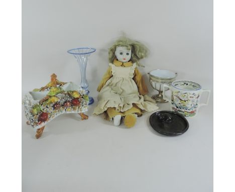 A Sitzendorf ceramic basket, together with a bisque headed doll, loving cup etc 