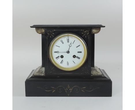 A Victorian black slate mantle clock, 22cm tall