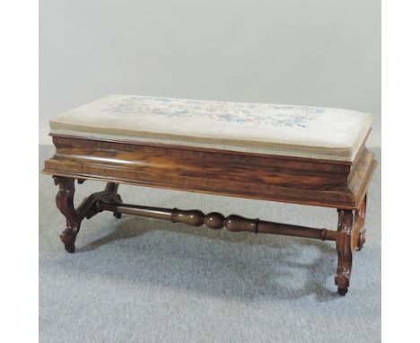 A 19th century walnut and tapestry upholstered duet stool, 104cm