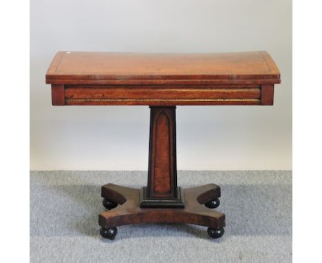 A Regency burr yew and brass mounted folding card table, 91cm