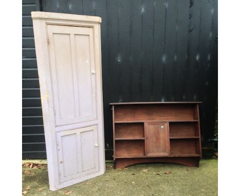 A 19th century painted pine standing corner cabinet, together with a three tier wall shelf