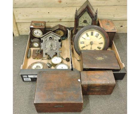 A collection of clocks, to include an inlaid mantel clock, a cuckoo clock and barometers, together with three wooden boxes 