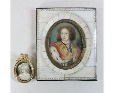 A reproduction miniature portrait, 13 x 11cm, together with another in a metal frame