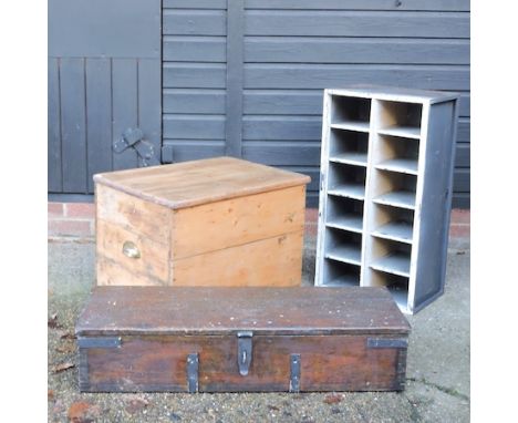 A metal bound box, 92cm, together with a pine trunk and a metal shelf