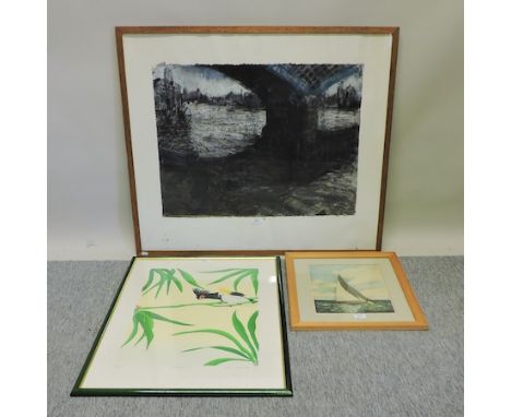 Deanna Jackson, charcoal on paper, Digger at Blackfriars, signed, 56 x 76cm, together with a Kai Saligmann watercolour and a 