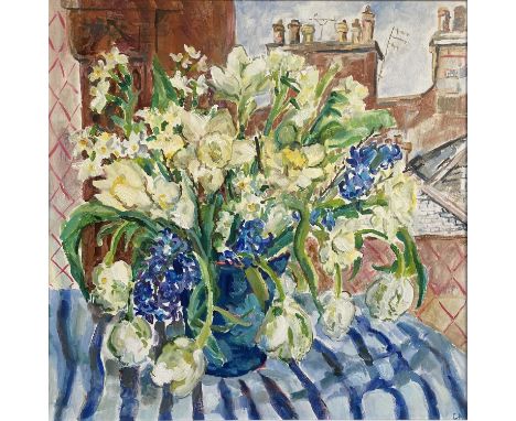 Clare Arbuthnott RSW (Scottish b.1974)Tulips on Blue StripeSigned with initials CA (lower right) Oil on canvas50 x 50cm
Clare