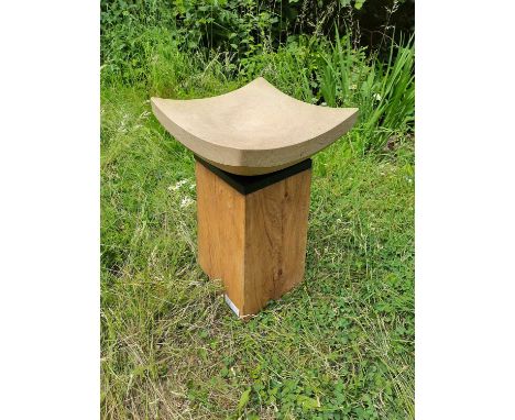 Will Spankie (b.1967)A Purbeck marble, Welsh slate and oak birdbath in the manner of Noguchi40cm high, 40cm wide, 15cm deep (