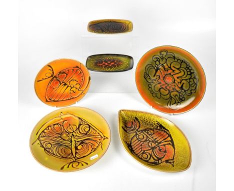 POOLE; a group of six various shaped plates in the 'Aegean' pattern, to include a spear dish, marked to base '91', diameter 3