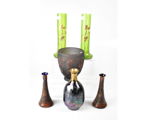 A pair of Val St Lambert blue glass vases of tapered form, overlaid with copper in the Aesthetic manner, each with a pheasant