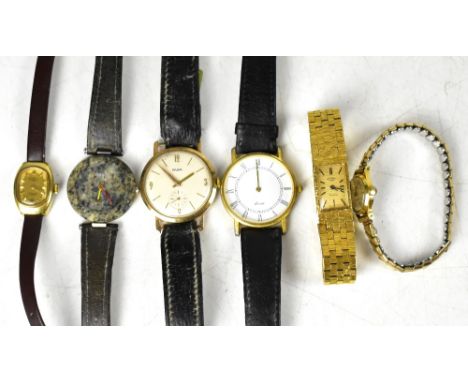 ROTARY; a ladies' yellow metal tank-style wrist/cocktail watch, the gilded dial set with baton numerals, bark-effect bracelet