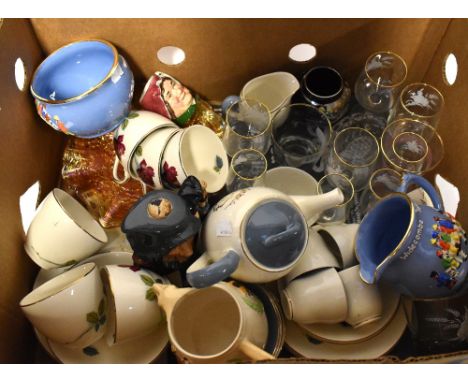 A quantity of ceramics and glassware to include Dartmouth Widecombe Fair milk jug and sugar bowl, Royal Doulton small charact