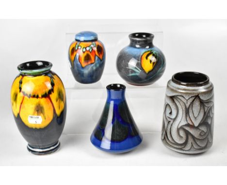 POOLE; a group of five ceramics in varying colourways and patterns, to include a 'Himalayan Poppy' baluster vase by Lorna Whi
