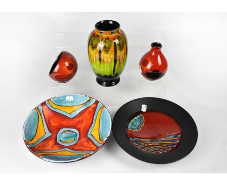 POOLE; five ceramics to include a squat baluster vase in the 'African Skies' pattern, height 13cm, one other in the same patt