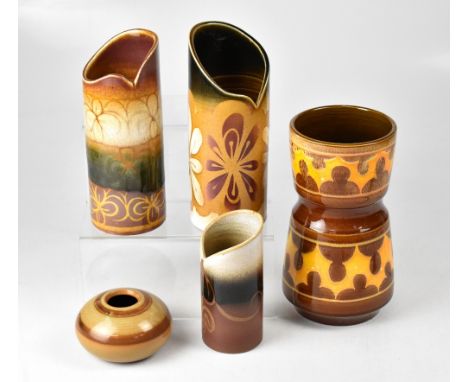 POOLE; a group of five ceramics to include a double gourd vase in the 'Aegean' design, height 23cm, numbered '84' to the base