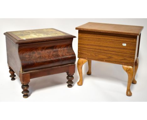 A Victorian mahogany commode with printed Victorian coach scene to the top, to squat baluster supports, and a vintage wooden 