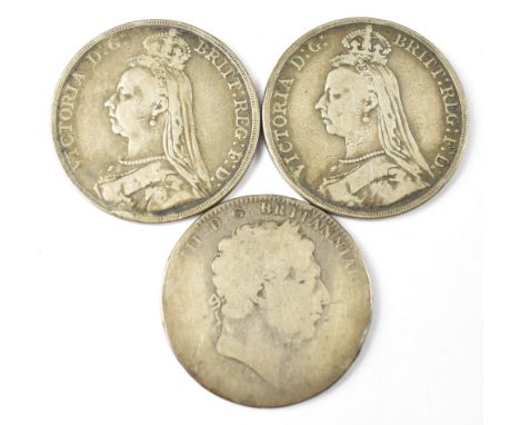 Three silver crowns to include a George III example (badly worn, date illegible), two Queen Victoria Jubilee Heads, one 1889,