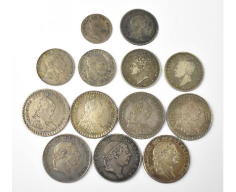 Seven George III silver bank tokens for 1S. 6D, dated 1811 (x2), 1812 (x2), 1813 and 1814 (x2), together with two George IV 1