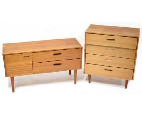 A contemporary teak veneered four-drawer chest raised on tapering supports, 85 x 76 x 40cm, also a similar low two-drawer exa