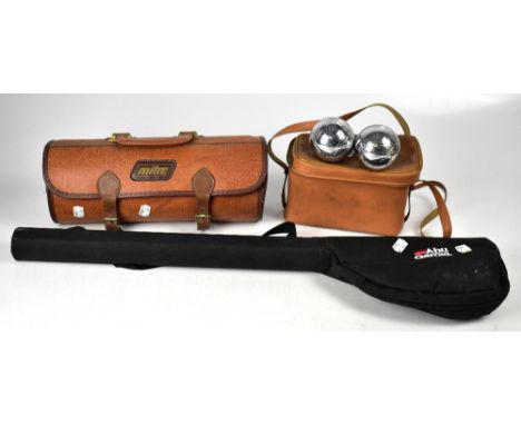 A cased set of three bowling balls, two R G Lawrie Glasgow examples and one Thomas Taylor example, a brown case containing tw