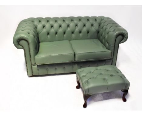 A sage green leather upholstered two-seater Chesterfield-style sofa, retailed by Designer Sofas for You, and a matching foots