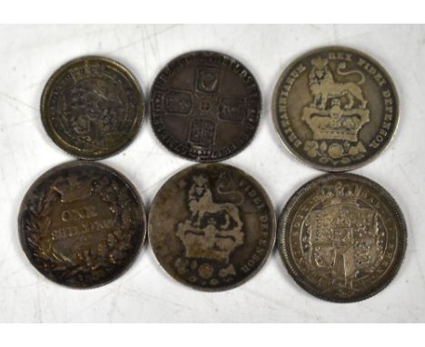 Six George II and George IV silver coins, four shillings to include 1816, 1826, 1827 and 1834 and two sixpences to include Ge