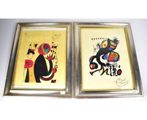 AFTER JOAN MIRO (1893-1983); two abstract prints, one numbered top left 7/30, signature top right, on with signature bottom l