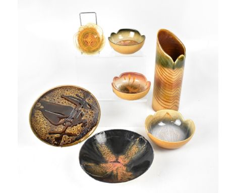 POOLE; a group of seven ceramics, mainly in the 'Aegean' design, to include an abstract cylindrical vase, height  30cm, initi