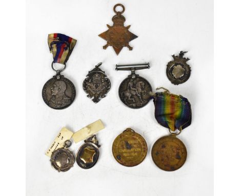 A WWI group of three medals relating to 01458 PTE M Burns R.Lance.R, 1914-15 Star, Defence Medal, and Victory Medal, two WWI 