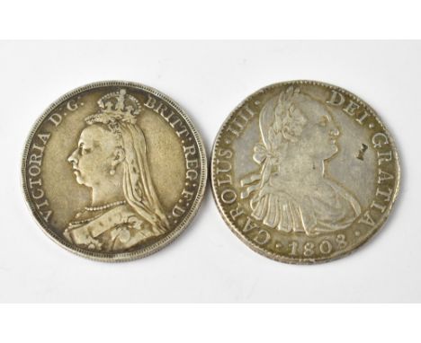 A Queen Victoria Jubilee Head 1892 silver crown, together with a Spanish eight reales silver coin 1808 (2).